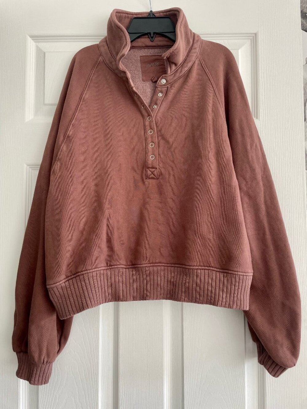 Aerie Brown Oversized Snap Neck Pullover Sweatshirt Cozy Fleece